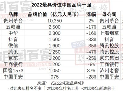 《2022胡润榜品牌榜公布：茅台酒第一抖音第四》